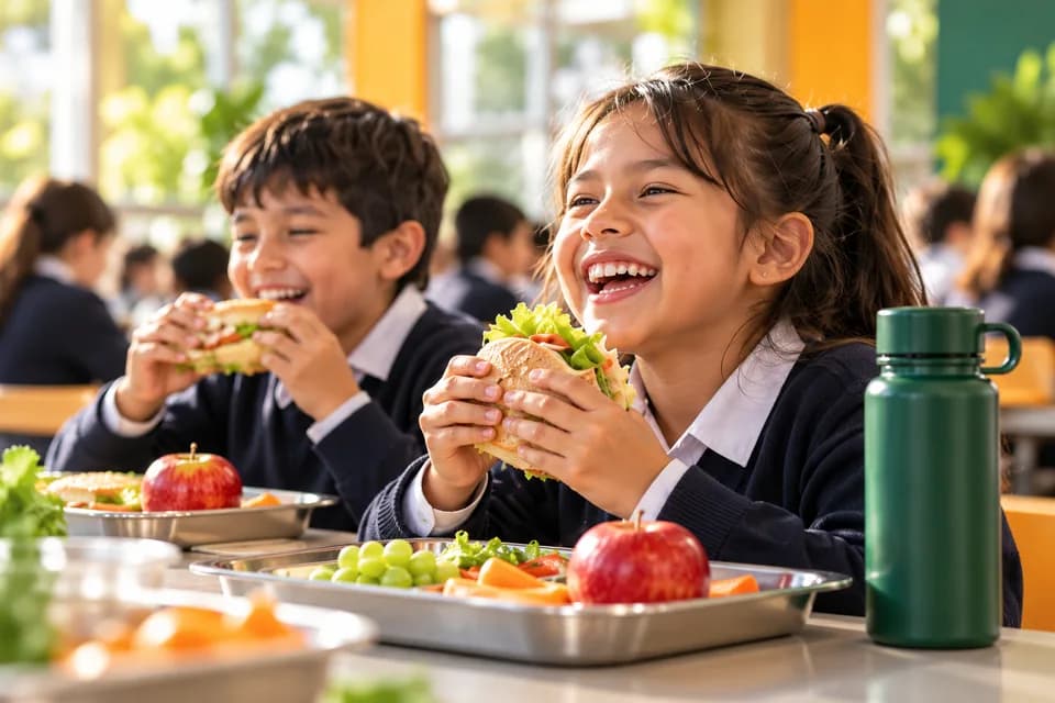 Estudiantes disfrutando su refrigerio en la cafetería escolar.
